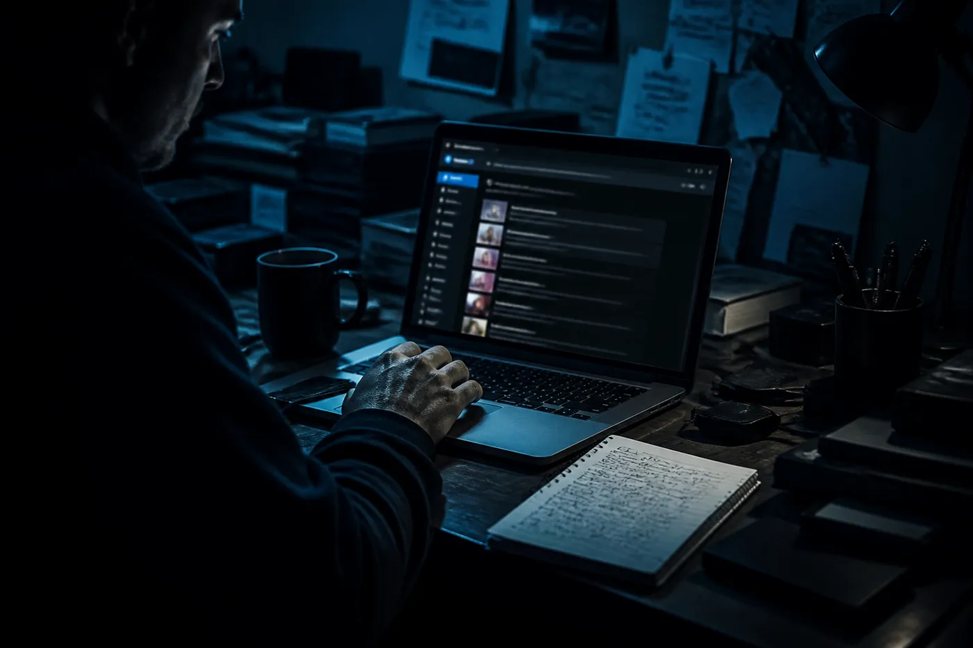 A user exploring onion websites on a laptop in a dimly lit room, surrounded by notes and coffee.