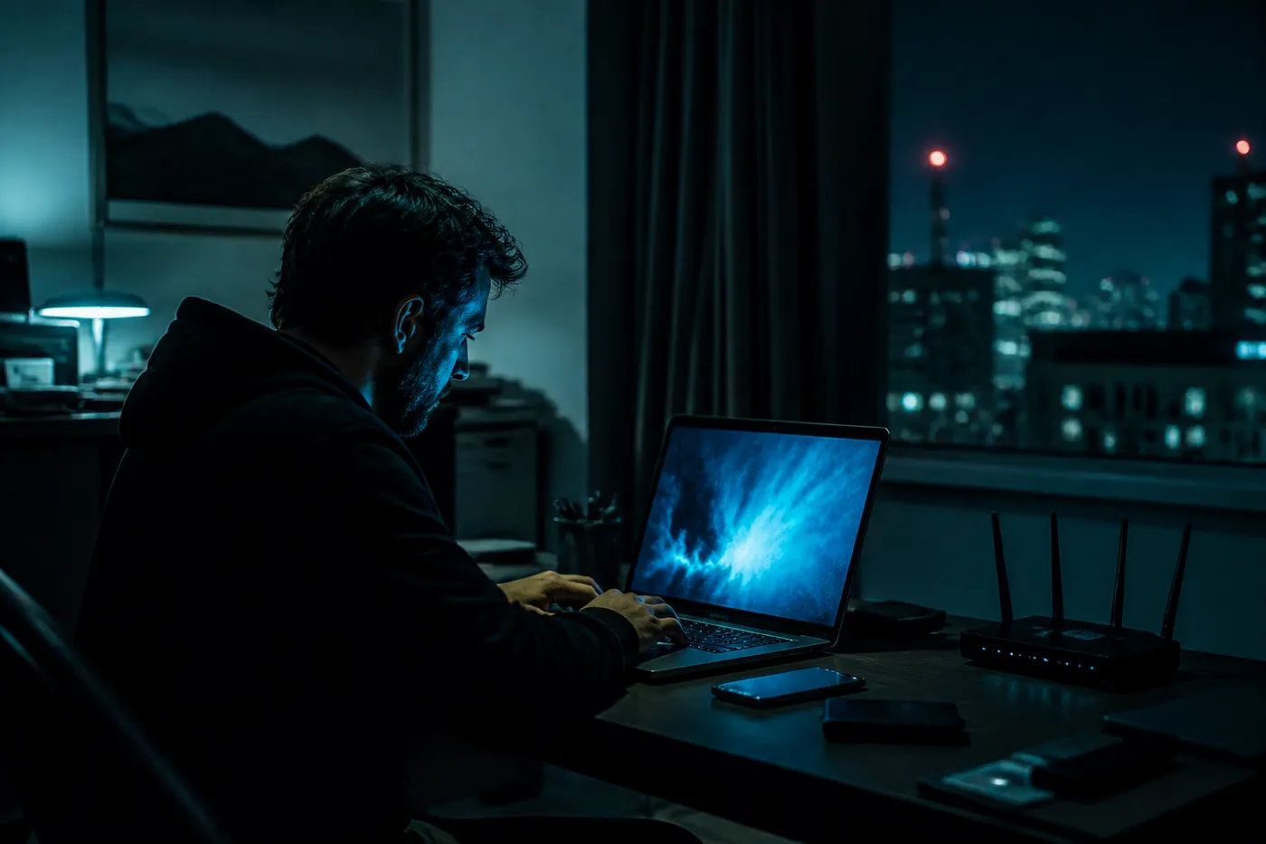 A user engaged with a .onion site on their laptop in a dark room, emphasizing the dark web theme.