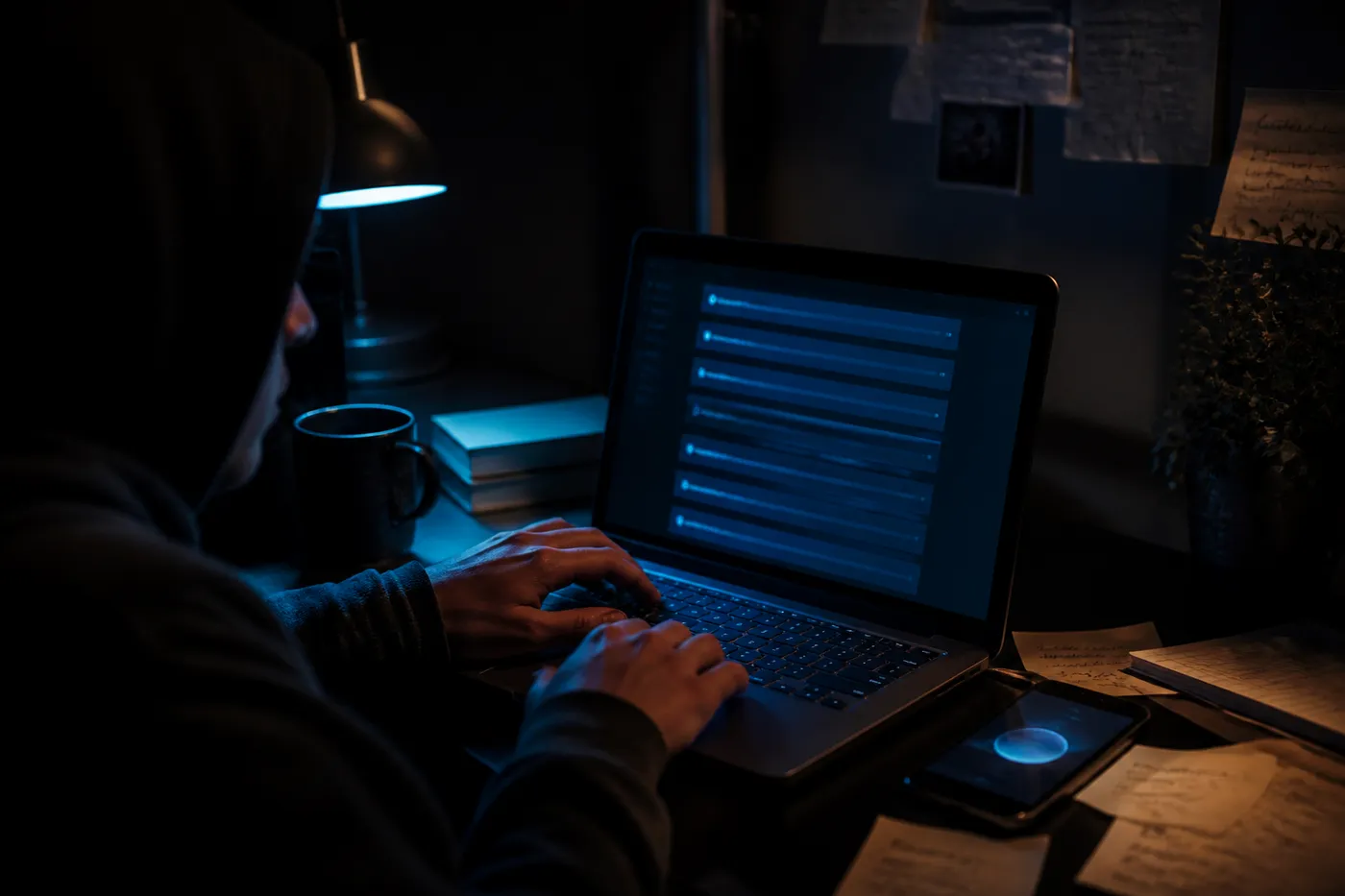 A person focused on a laptop, exploring dark web chat rooms in a dimly lit room, surrounded by notes and a smartphone.
