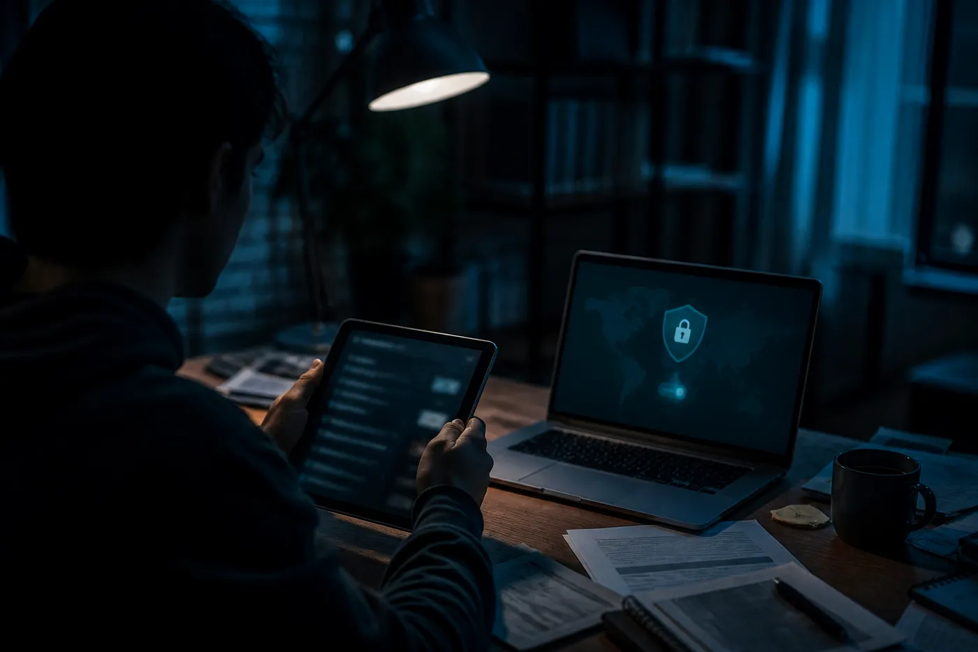 A person preparing to access the dark web on a tablet, surrounded by a laptop and papers, in a dimly lit room.