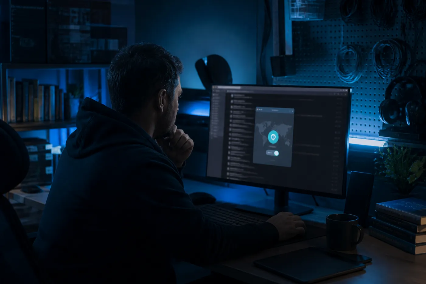A person exploring dark web links on a desktop in a modern office, emphasizing the significance of cybersecurity.