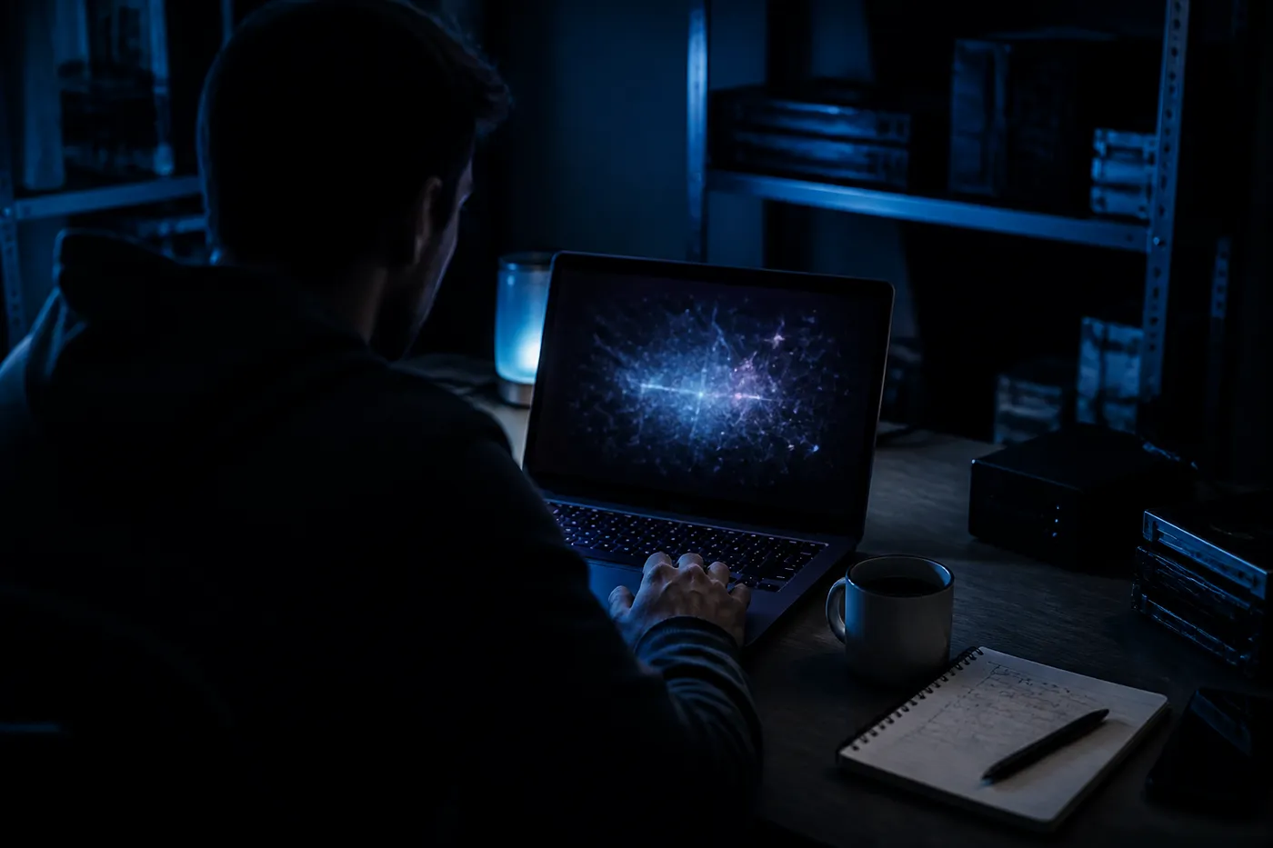 A person in a low-light office environment exploring dark web .onion links on a laptop, indicative of safe access and curiosity.
