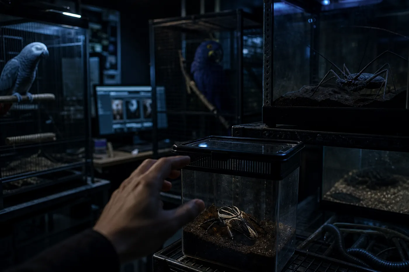 A dark, moody room featuring exotic pets for sale, hinting at dark web marketplaces.