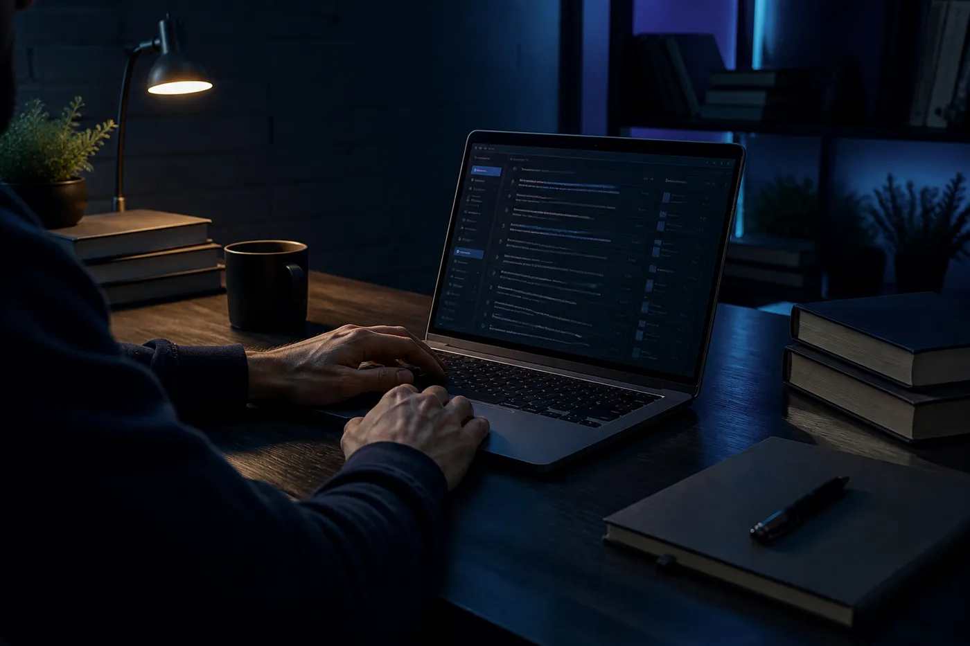 A user exploring a dark web directory in a modern home office, surrounded by books on cybersecurity.