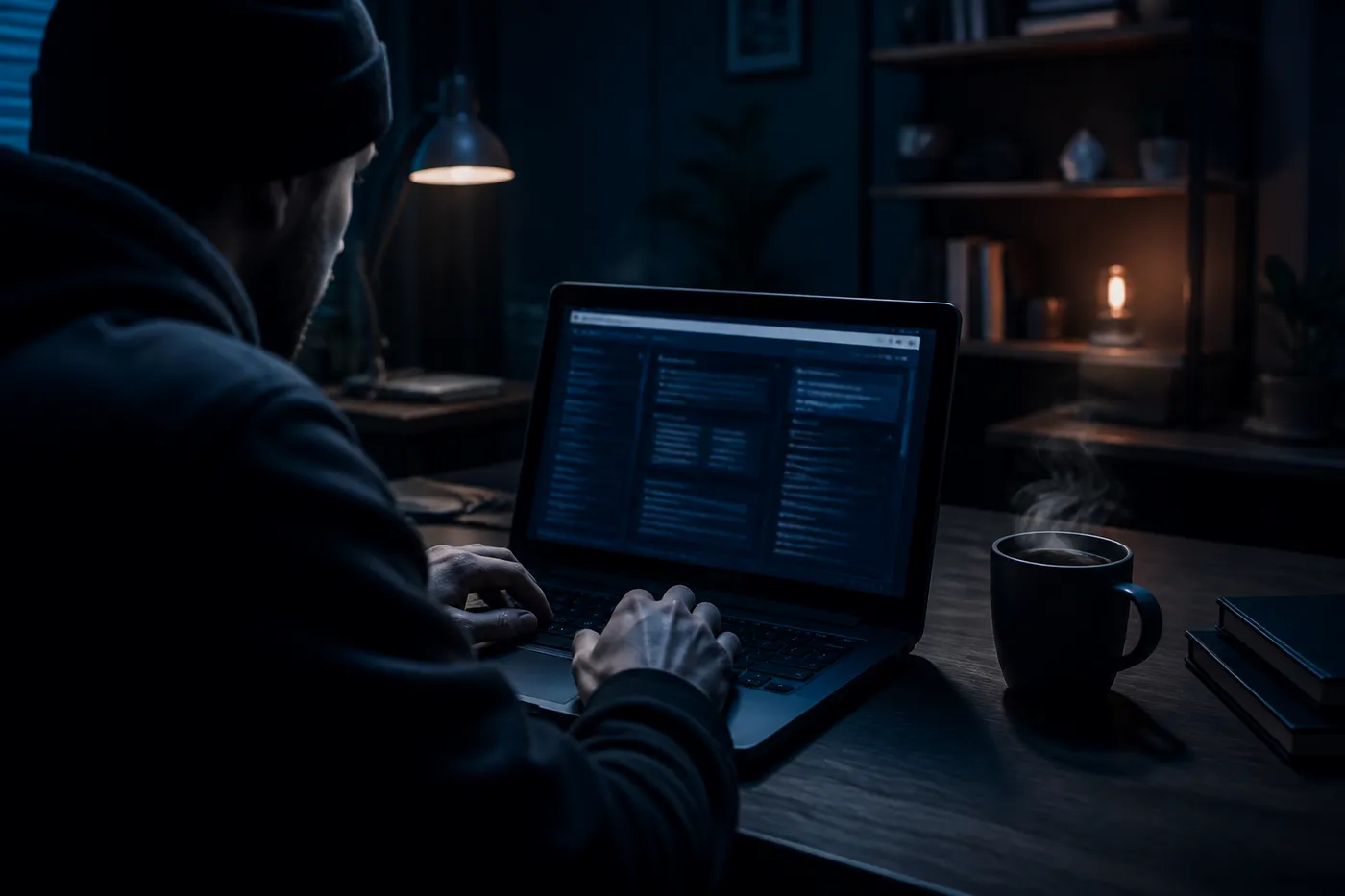 A person engaged in using DeepSearch on a laptop in a cozy dimly lit room, exploring hidden dark web sites.