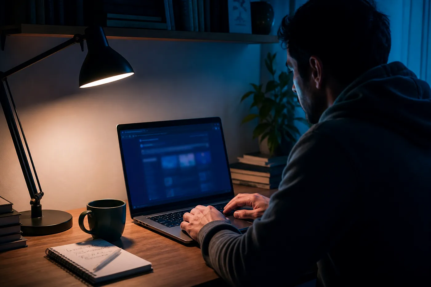 A user engaging with Facebook's onion service on a laptop in a cozy, low-lit room.
