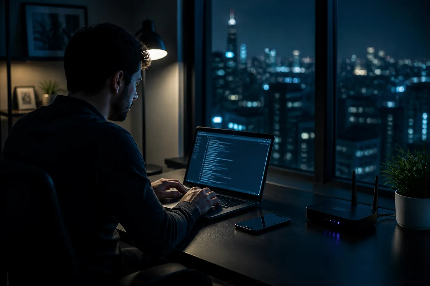 A person examining curated .onion links on a laptop in a dimly lit room, emphasizing safe dark web exploration.