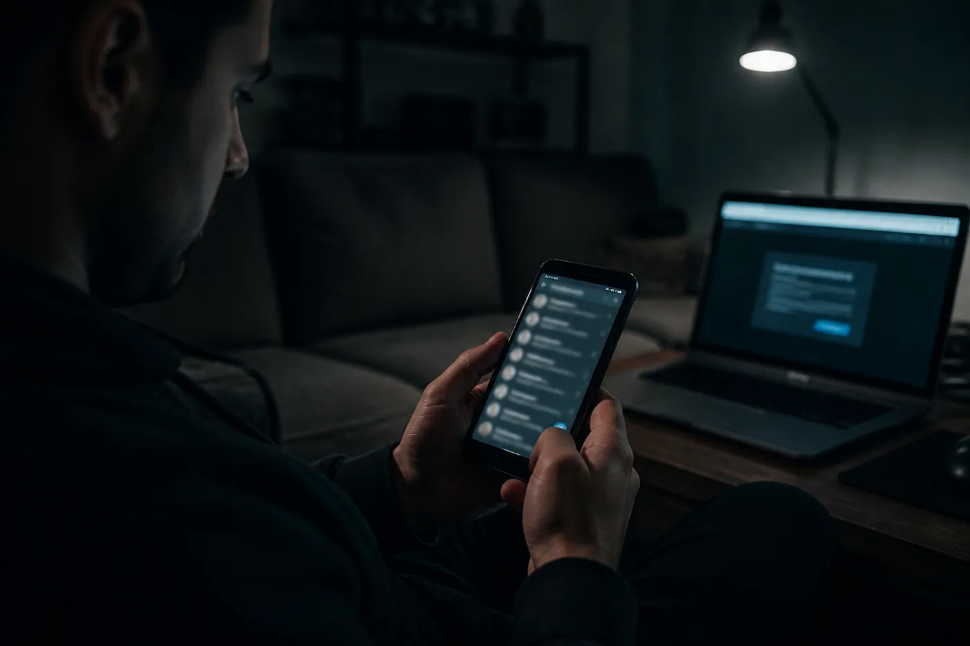A user engaged with a smartphone in a darkened room, exploring Telegram group links for dark web videos.