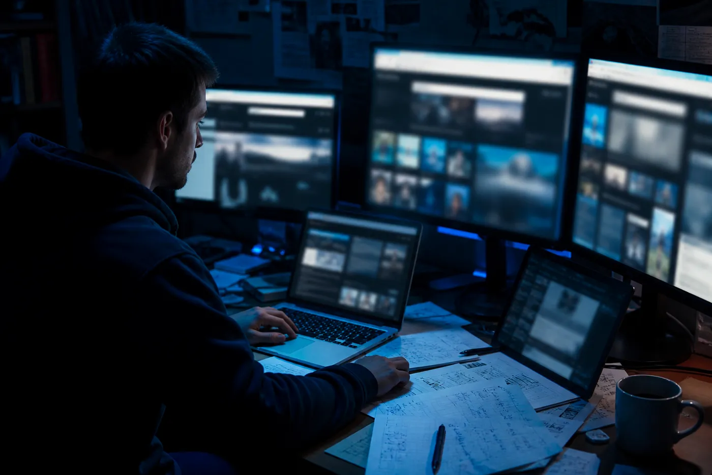 A researcher working diligently at a workstation, exploring the latest onion links for safe dark web access.