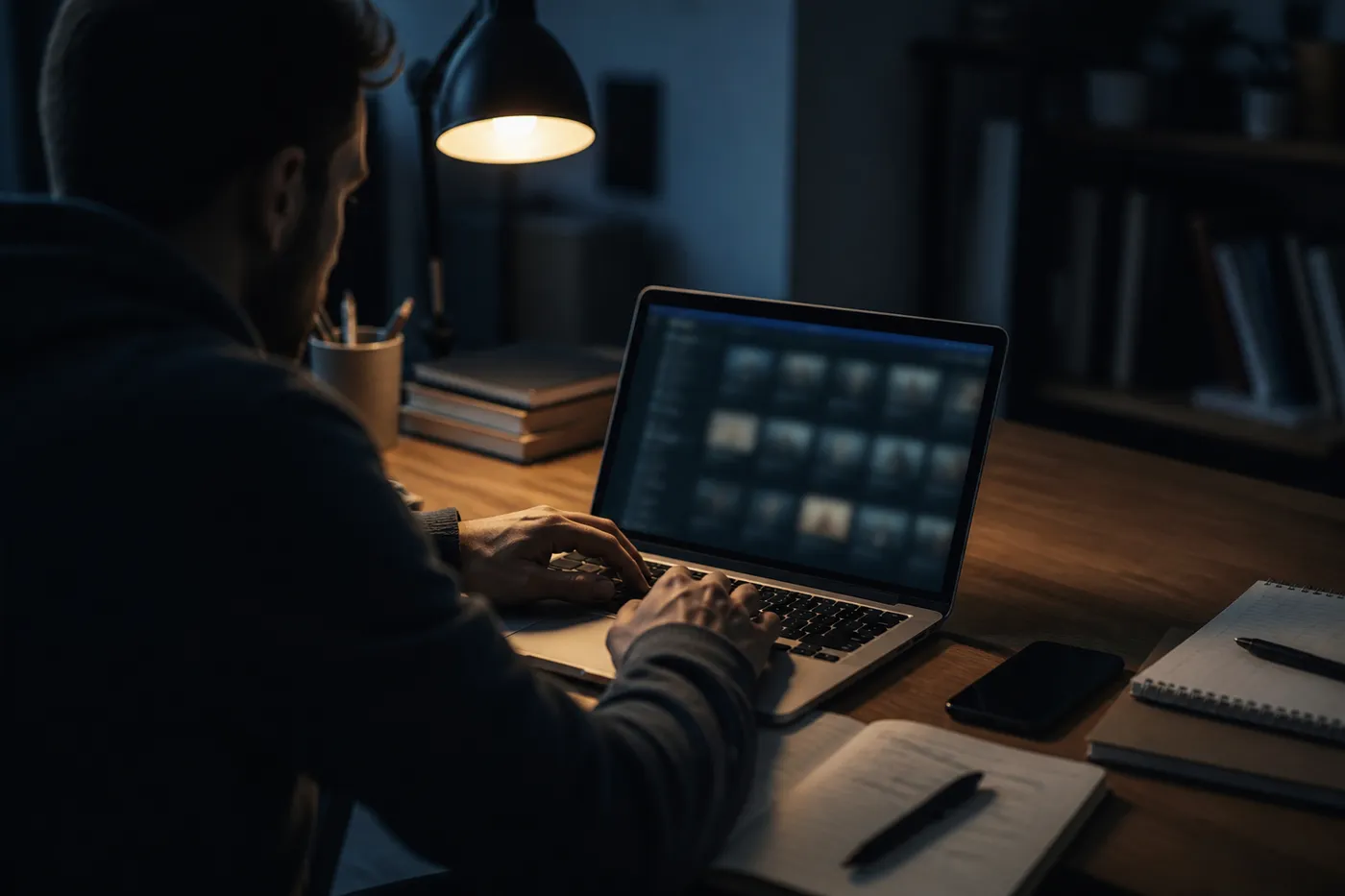 A user navigates dark web directories on a laptop in a moody room, emphasizing safe browsing.