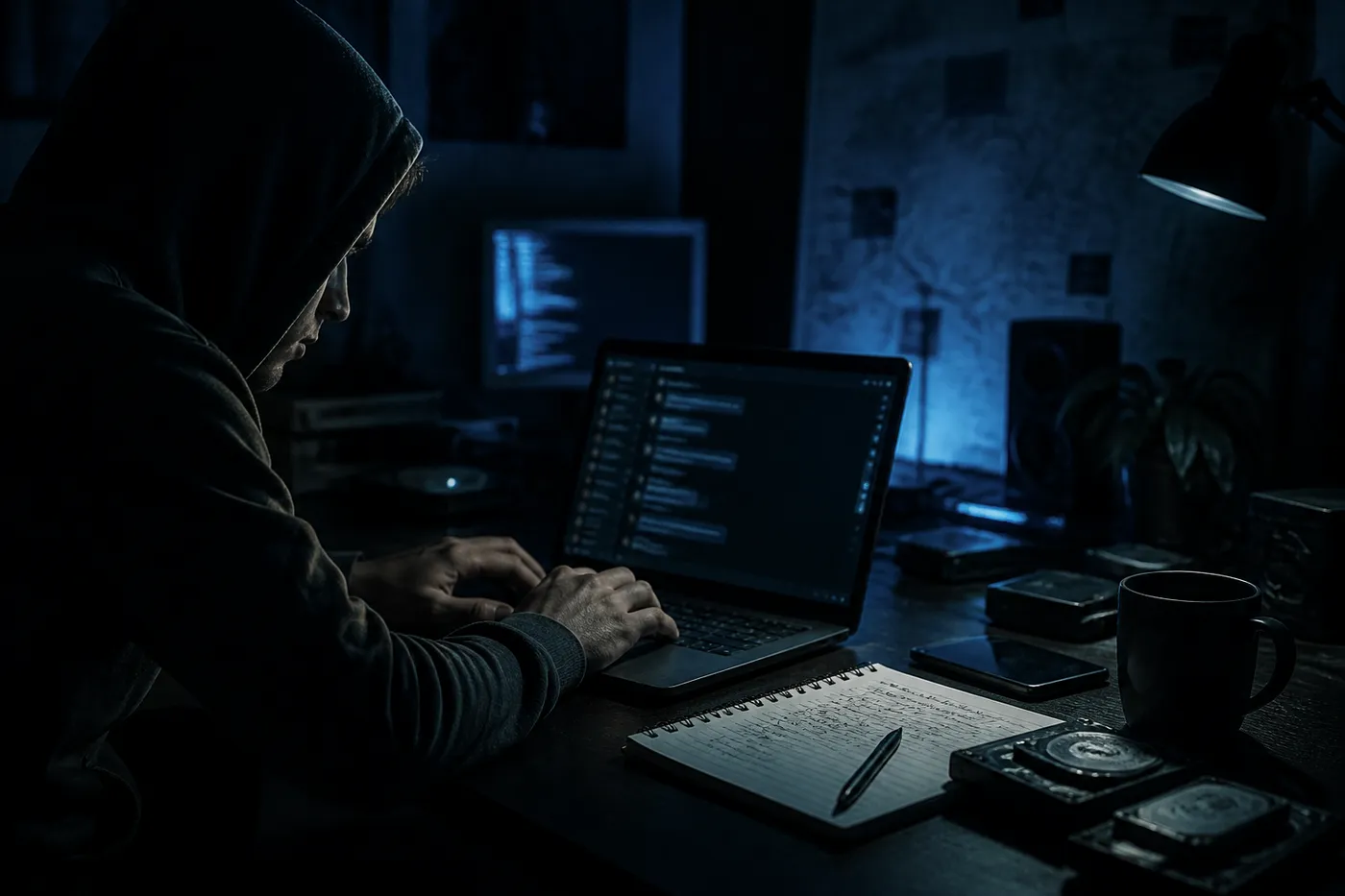 A user in a dim room interacting with dark web chatroom links on a laptop, surrounded by tech gadgets.