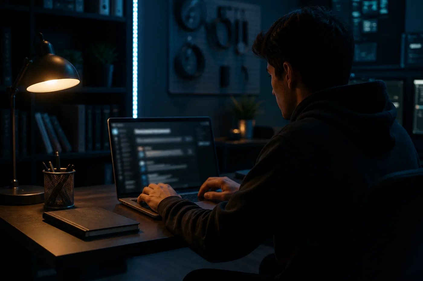 A user exploring onion links search engines on a laptop in a dimly lit modern workspace, emphasizing the article's theme.