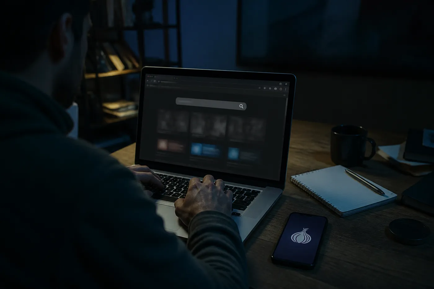 A person using a laptop to search for .onion sites in a cozy, dimly lit environment.