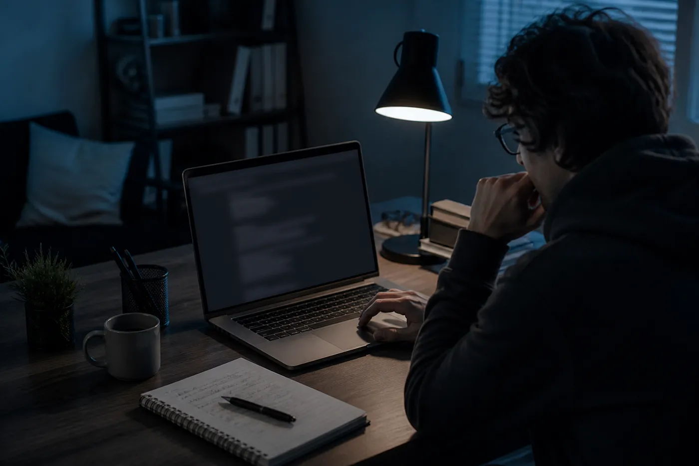 A person in a cozy home office searching for Tor links, surrounded by a notepad and coffee.