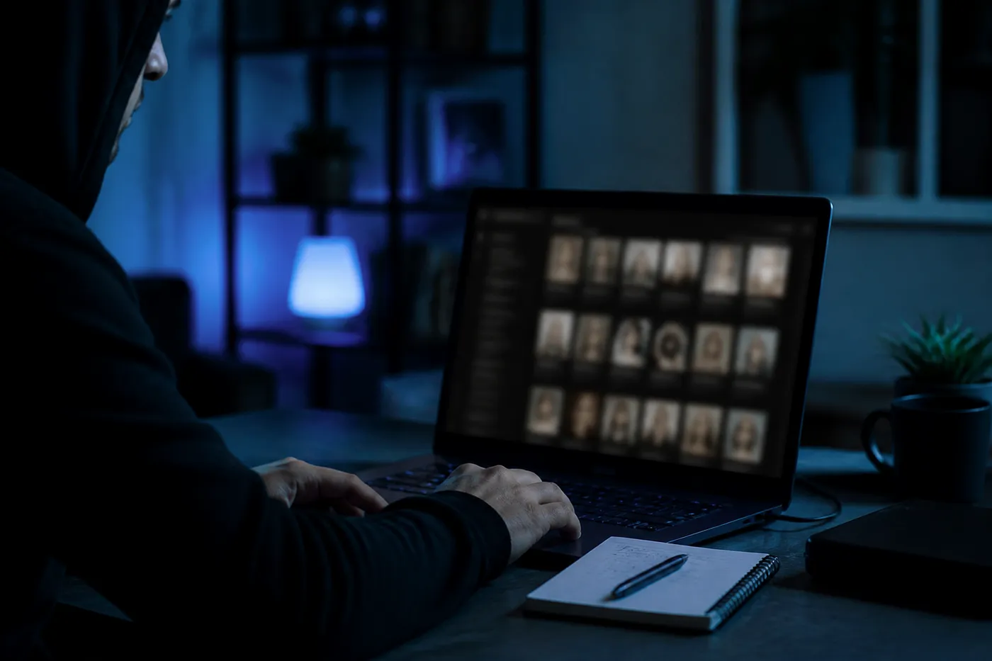A user examining dark web marketplace listings on a laptop in a modern workspace.