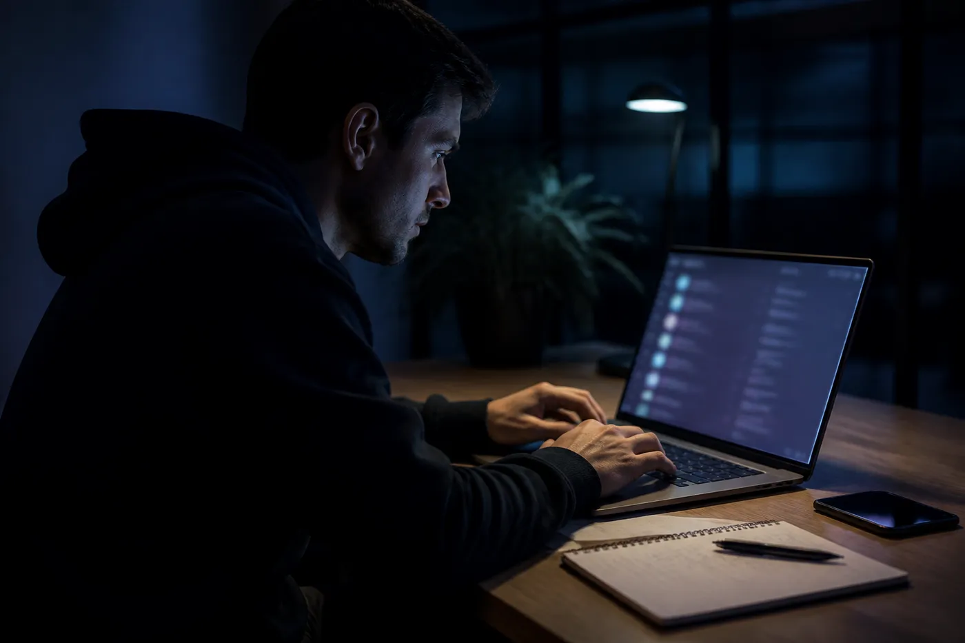 A user focused on navigating organized .onion topic links on a laptop in a modern workspace