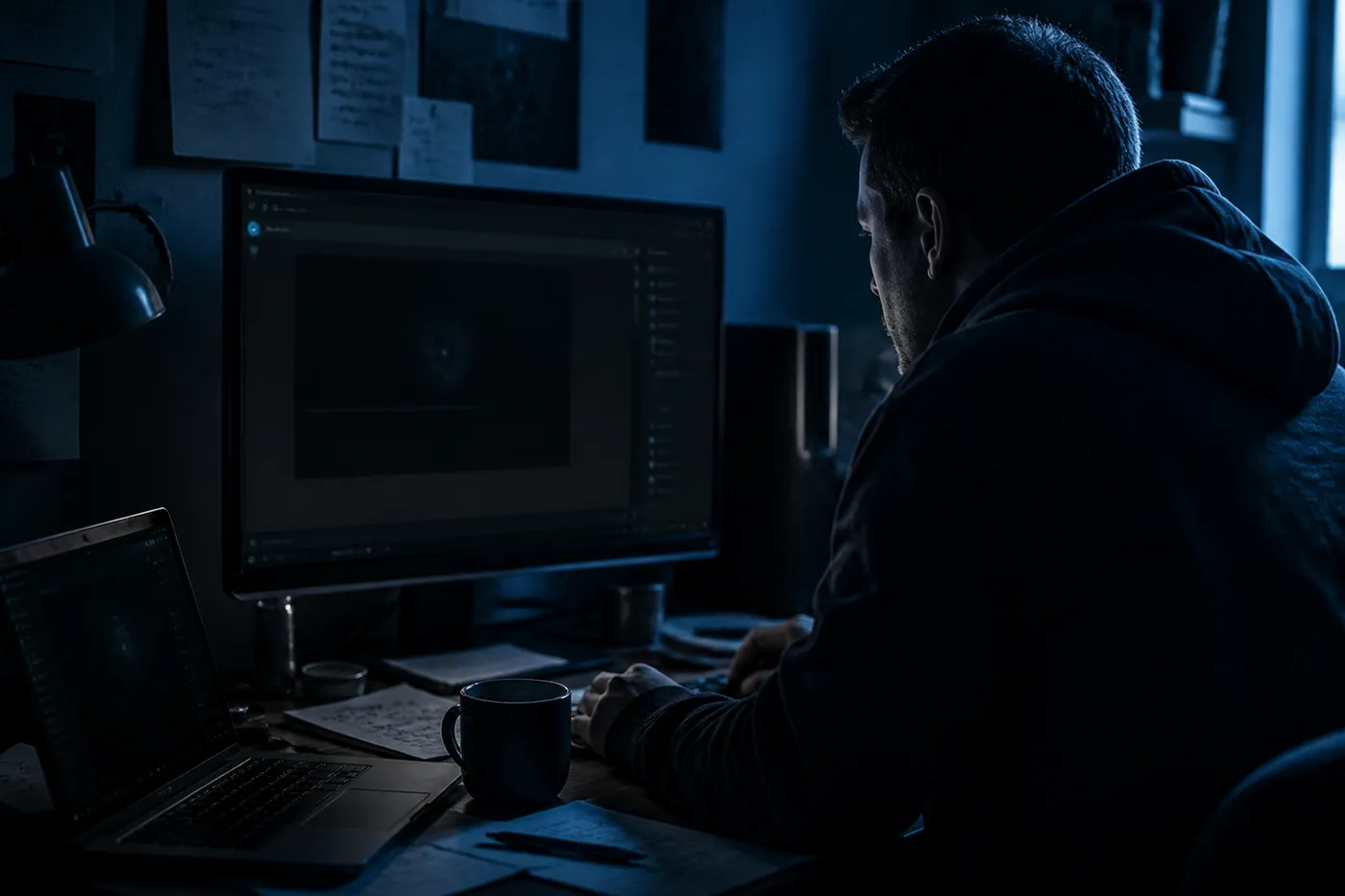 A person exploring Tor Onion URLs on a desktop computer in a cozy, dimly lit room.