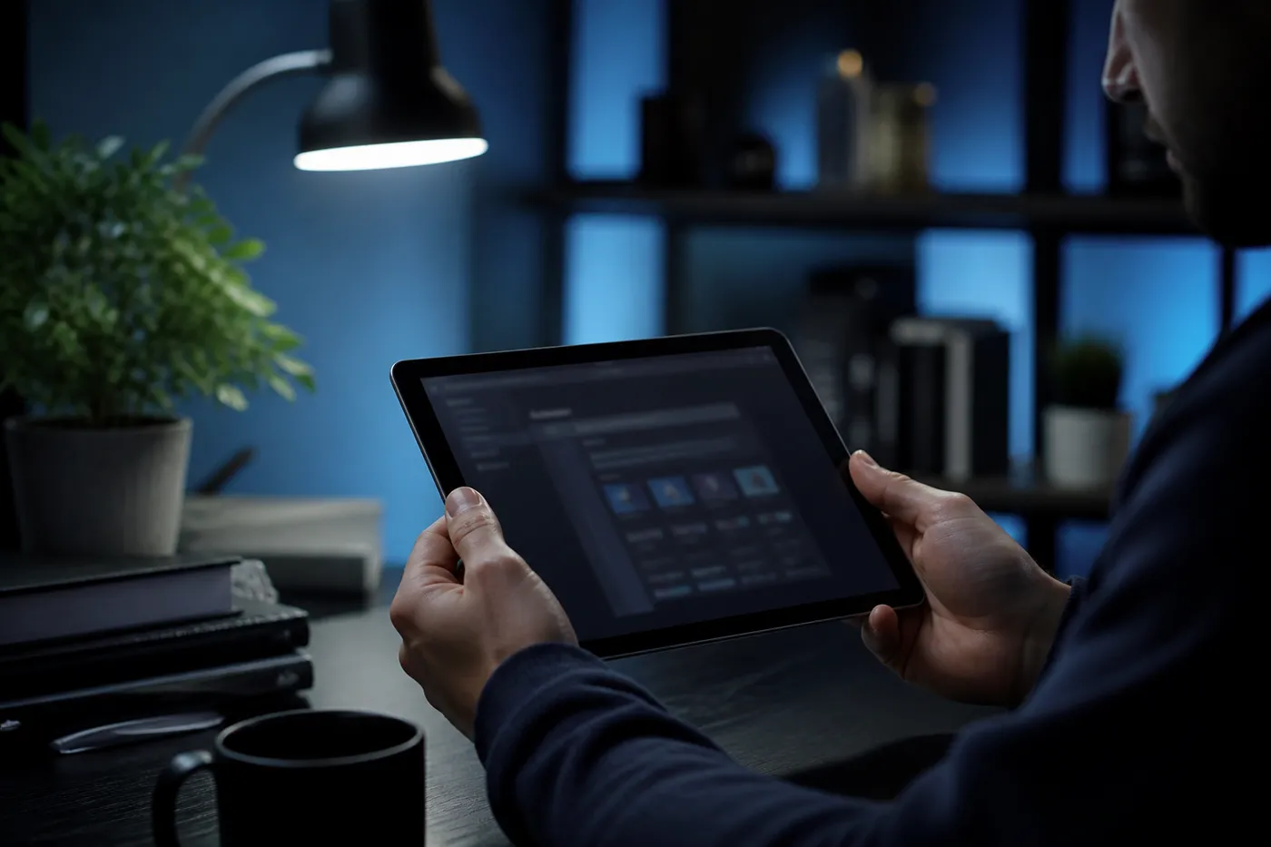 A user in a stylish home office accessing OnionDir on a tablet, surrounded by books and a coffee cup.