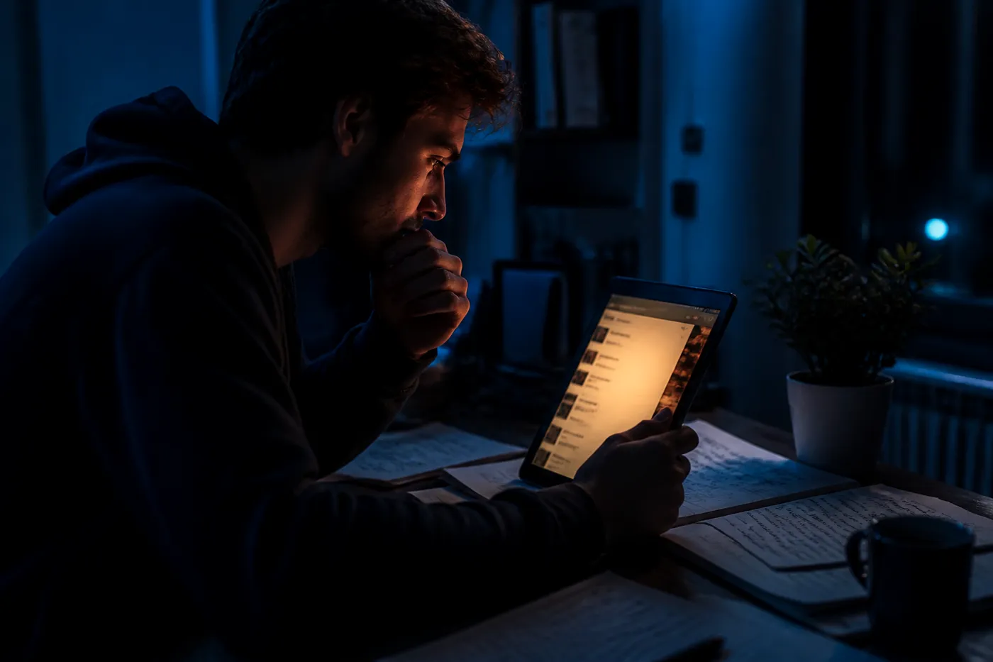 A user exploring a curated list of onion sites on a tablet in a dimly lit room