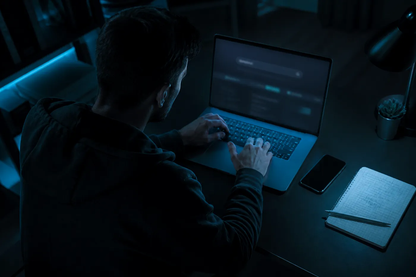 A person engaged in searching for images on the dark web, surrounded by tech tools and a notepad.