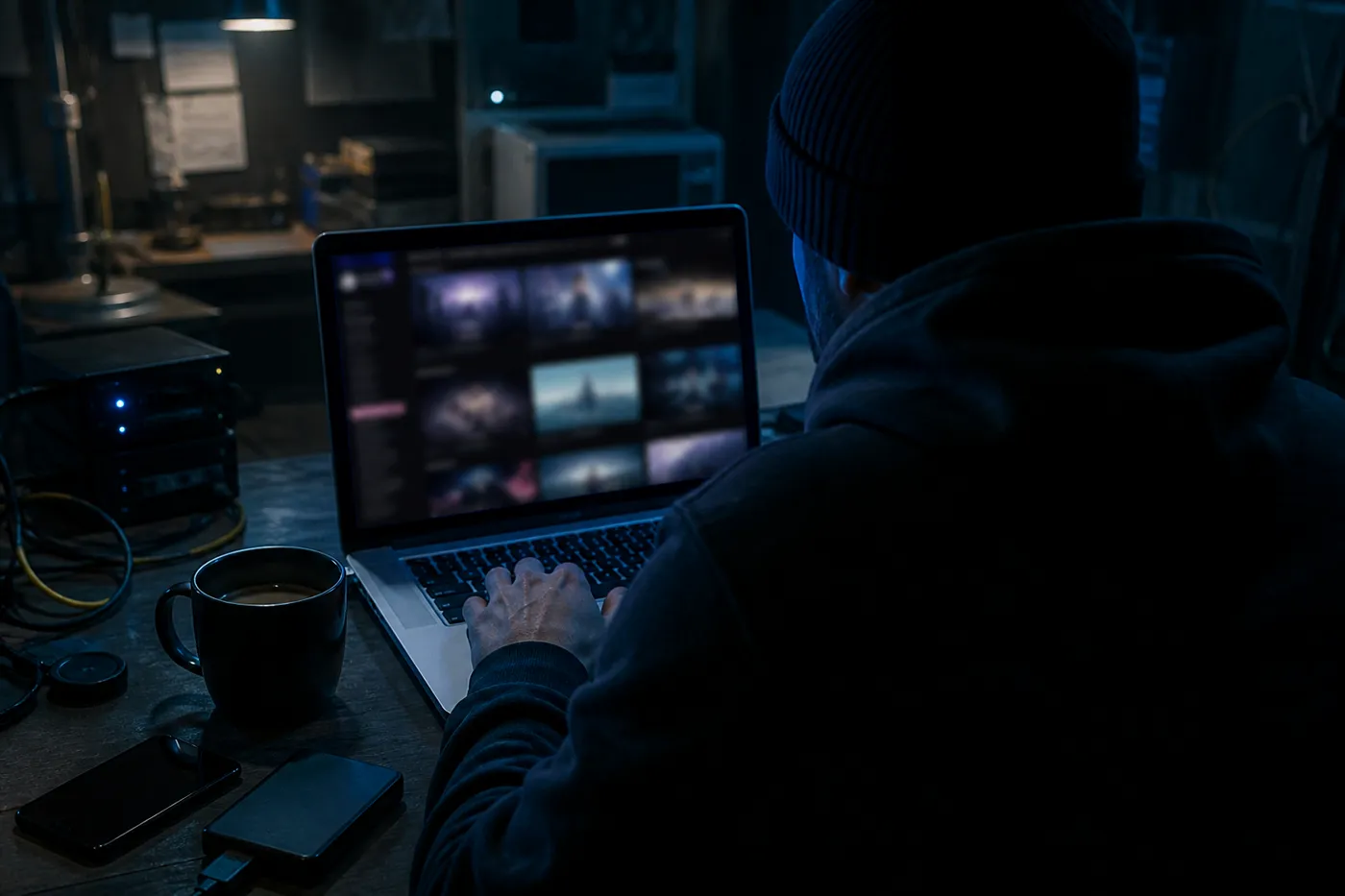 A person in a cozy room using a laptop to explore dark web video search engines, showcasing a safe navigation theme.
