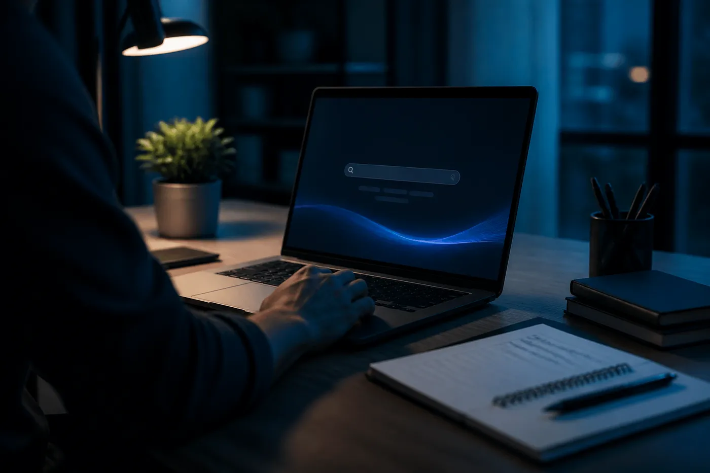 A user engaging with the Torch search engine in a dimly lit room, illustrating safe navigation on the dark web.