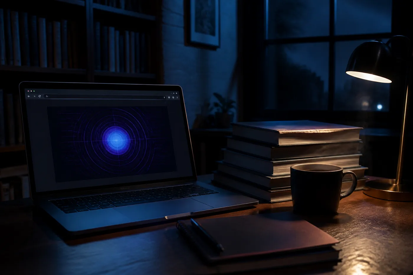 A cozy study scene showing a laptop with Tor browser, symbolizing safe exploration of dark web sites.