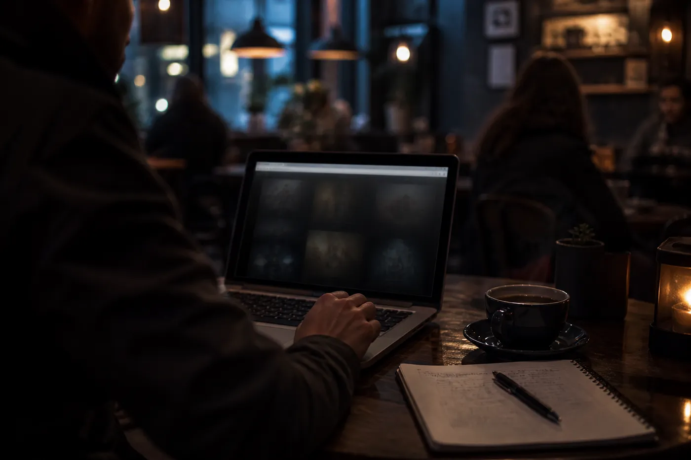 A person browsing Tor websites in a cozy cafe, highlighting the exploration of the dark web safely.