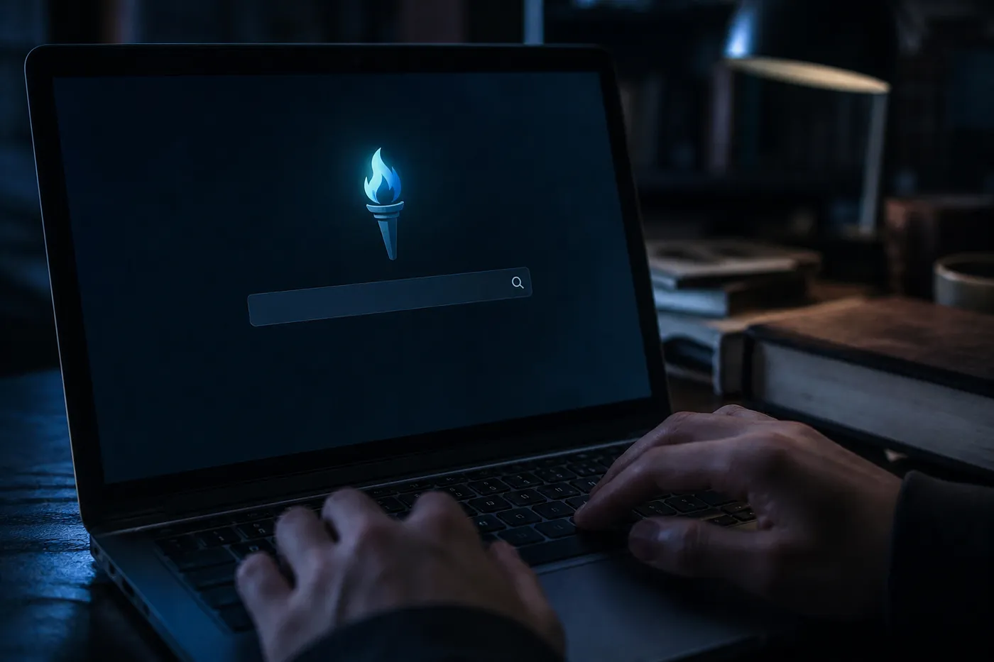 A person using a laptop to access the Torch dark web search engine in a low-light environment.