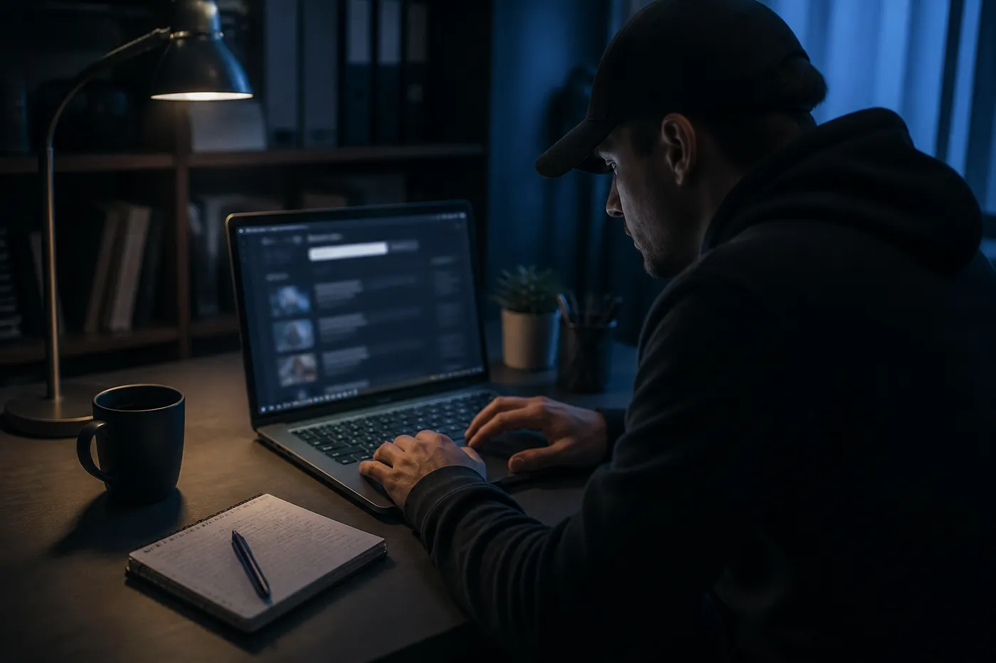 A user engaged with Tordex Onion on a laptop, surrounded by a modern desk and cool lighting.