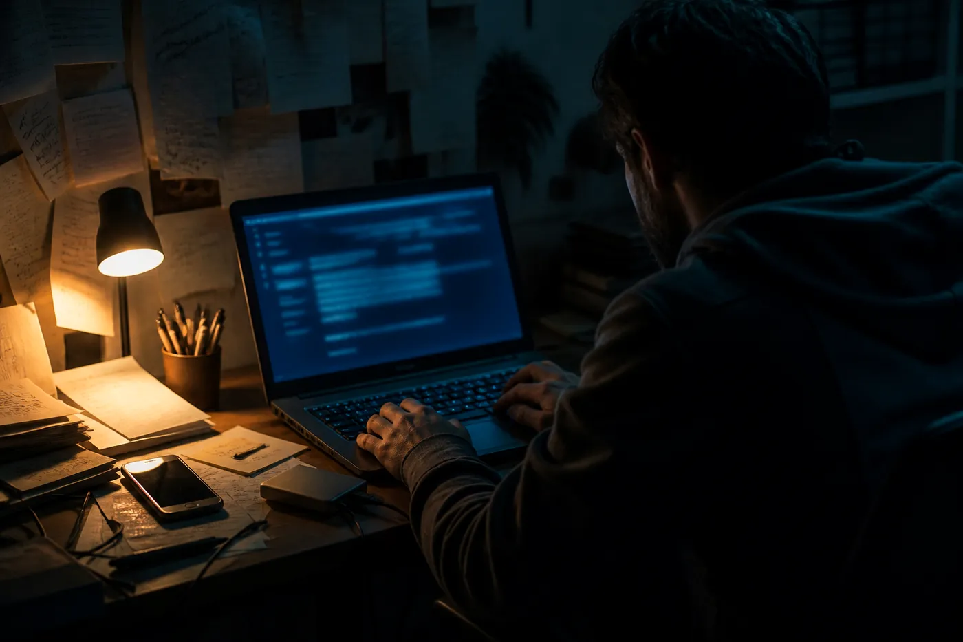 A user exploring the Hidden Wiki on a laptop in a dimly lit room, surrounded by tech gadgets.