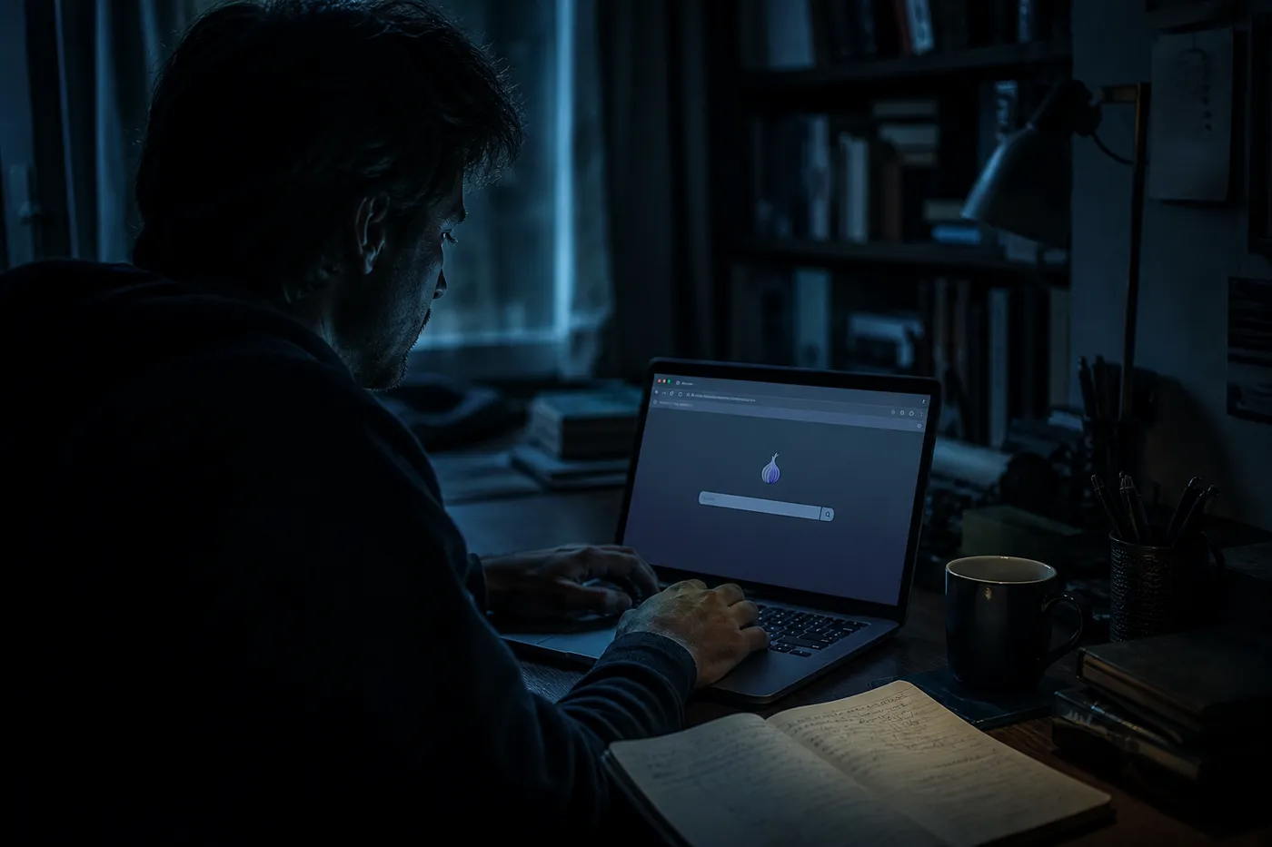 A person browsing DuckDuckGo on Tor at a cozy desk with coffee and notes, illustrating dark web access.