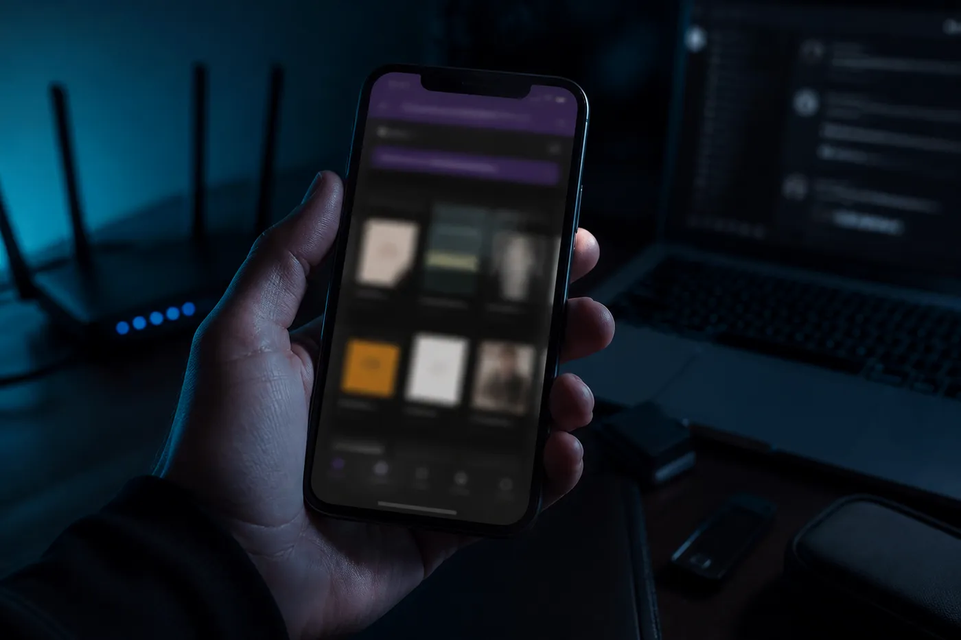 A person carefully reviewing dark web marketplace links on a smartphone in a low-lit room.