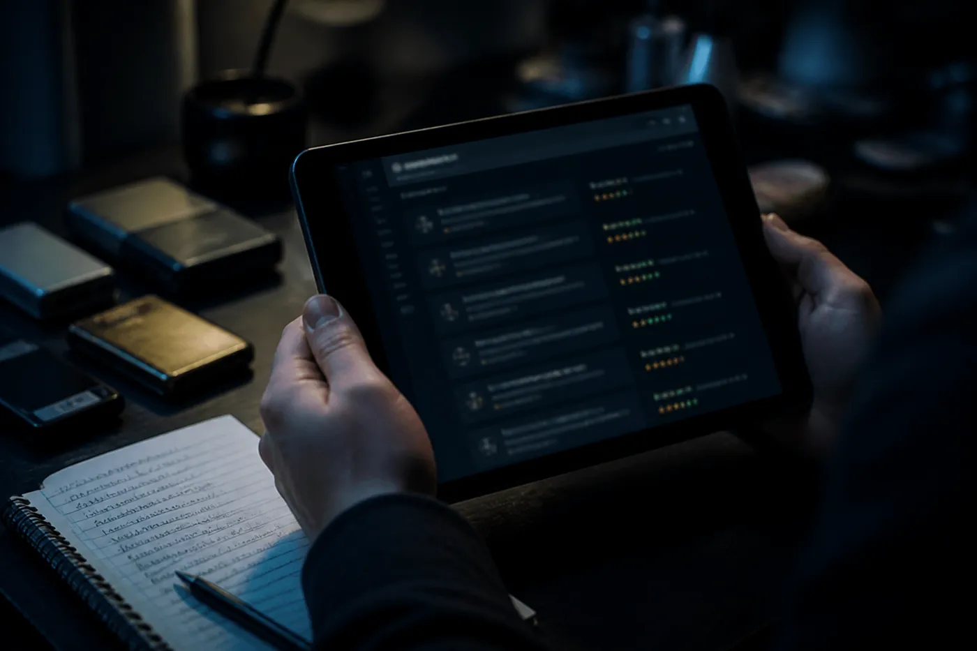 A person exploring a dark web marketplace on a tablet, amidst cryptocurrency wallets and safety notes.