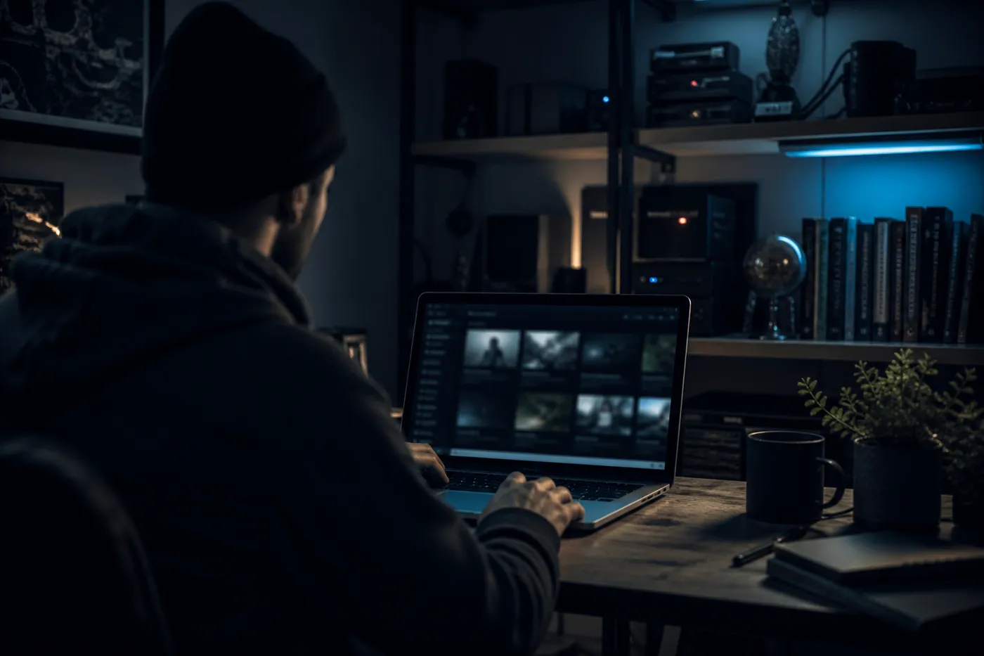A user in a dim room exploring a dark web video search engine on a laptop, illustrating safe browsing techniques.