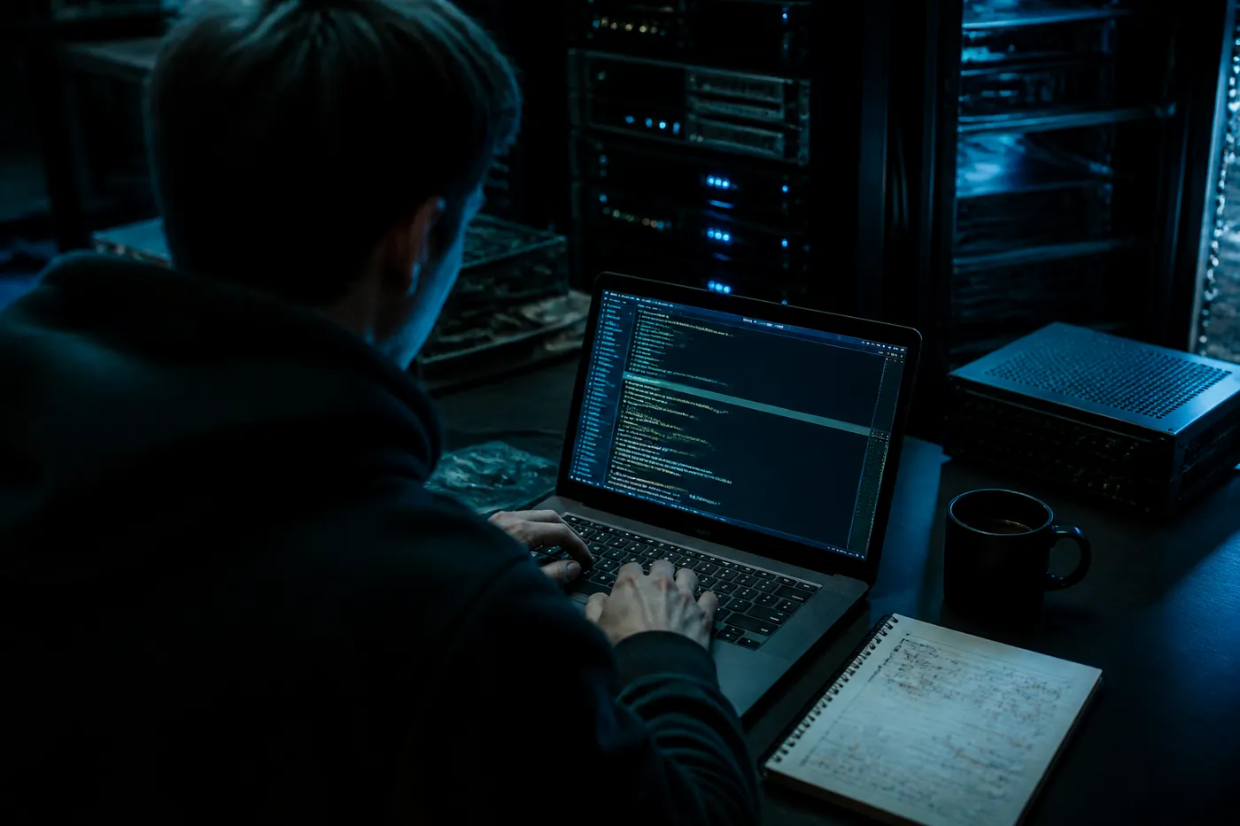 A person engrossed in setting up a Tor hidden service on their laptop, with notes and coffee nearby.