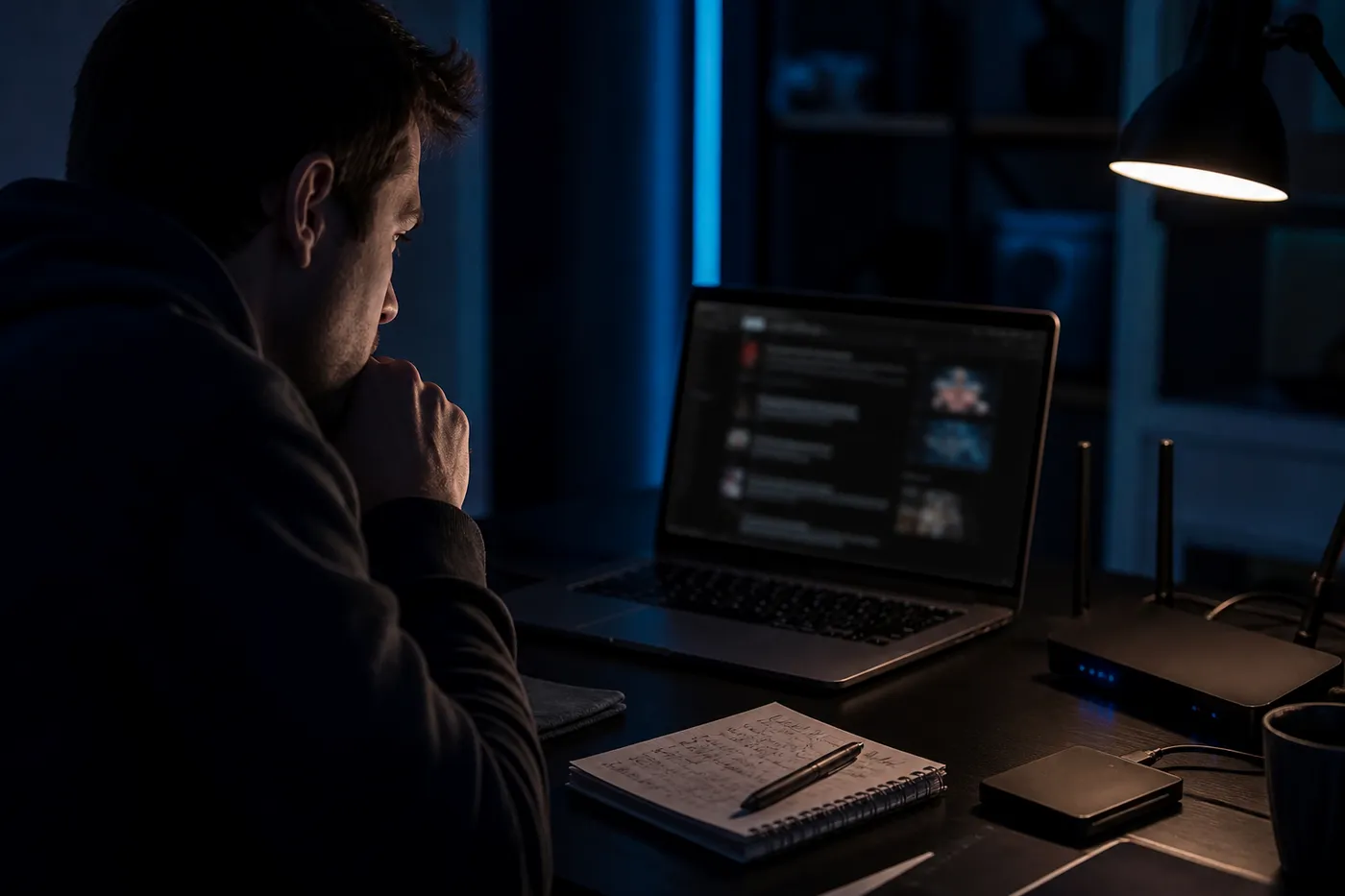 A user analyzing dark web search engine results on a laptop in a dimly lit room.